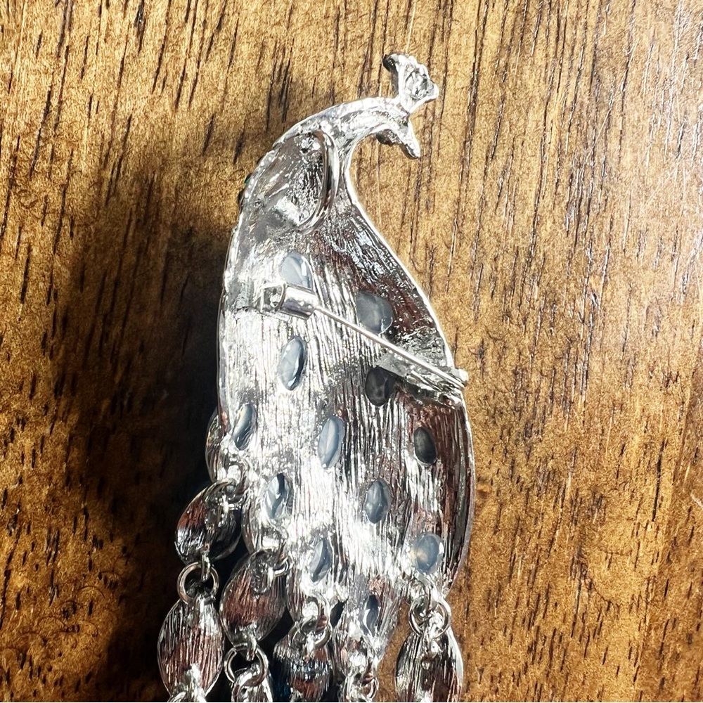 Silver Tone Peacock Rhinestone Brooch Pin Blue Gemstone Sparkly Large Bail - Picture 5 of 9